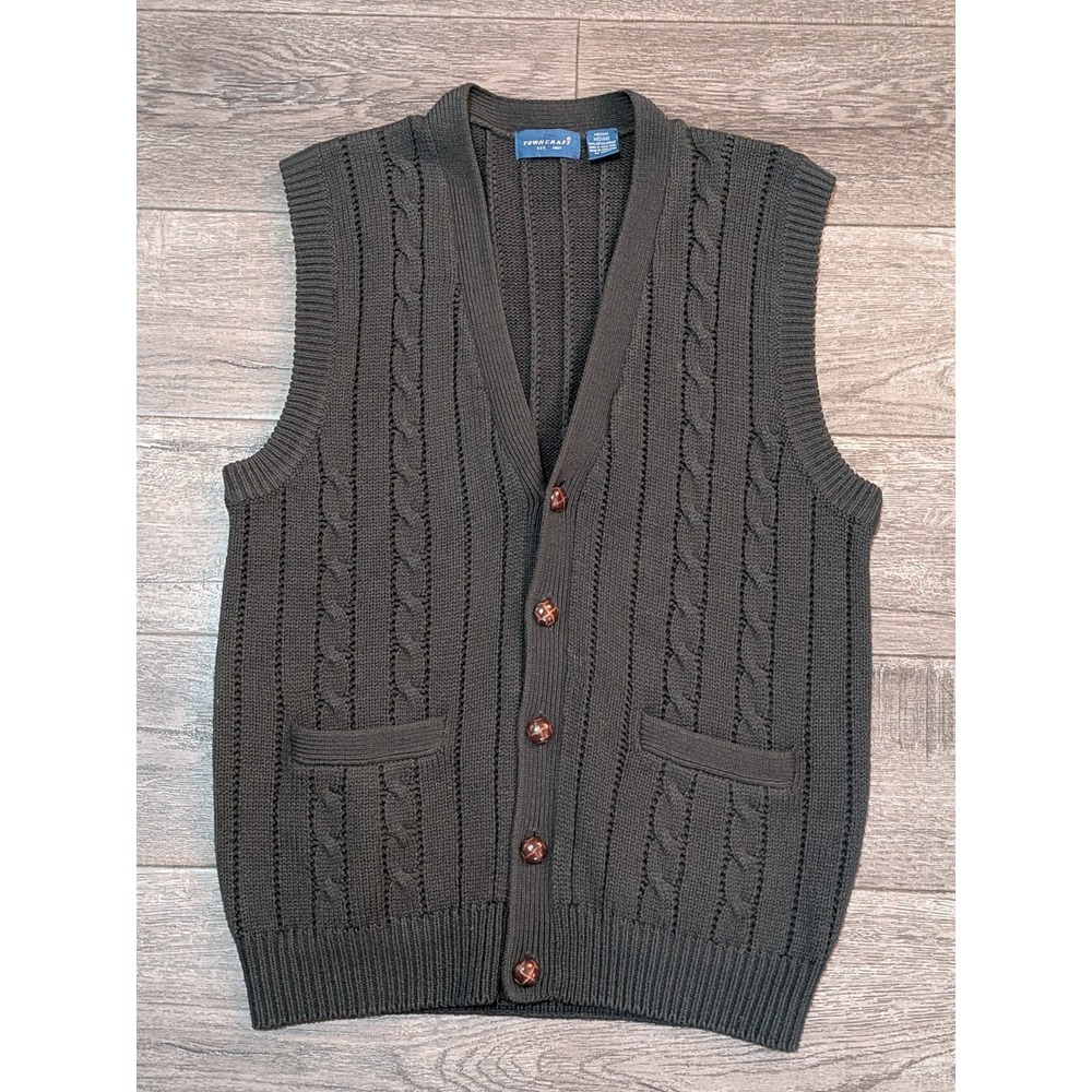 Towncraft Mens Cable Knit Cardigan Vest Green Button Front V-Neck Pockets Medium